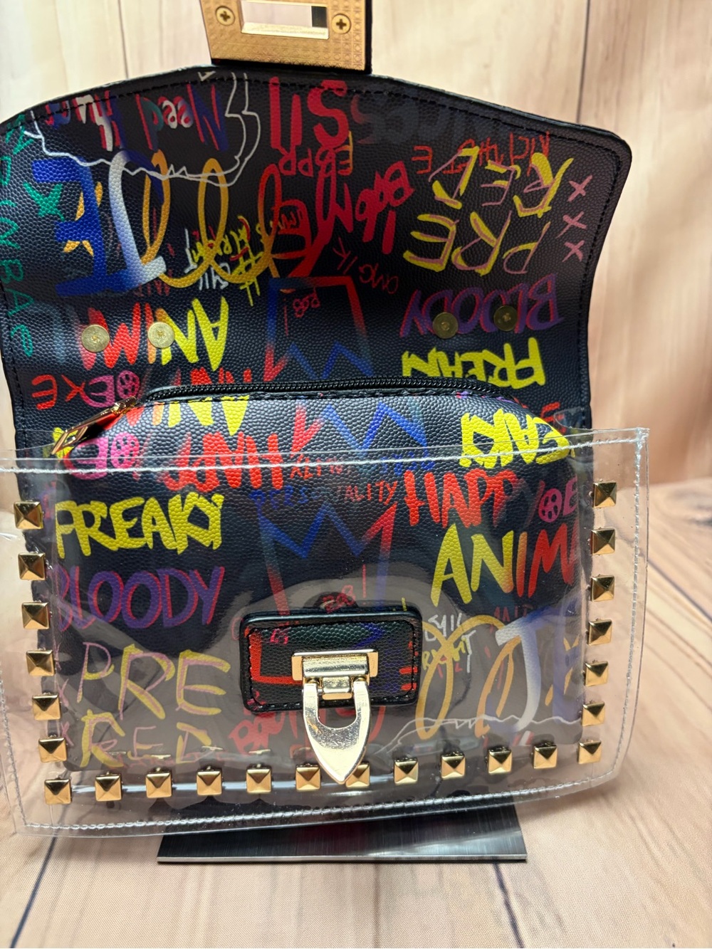 Multicolor Graffiti Studded Satchel with Clear Panel - Picture 4 of 6